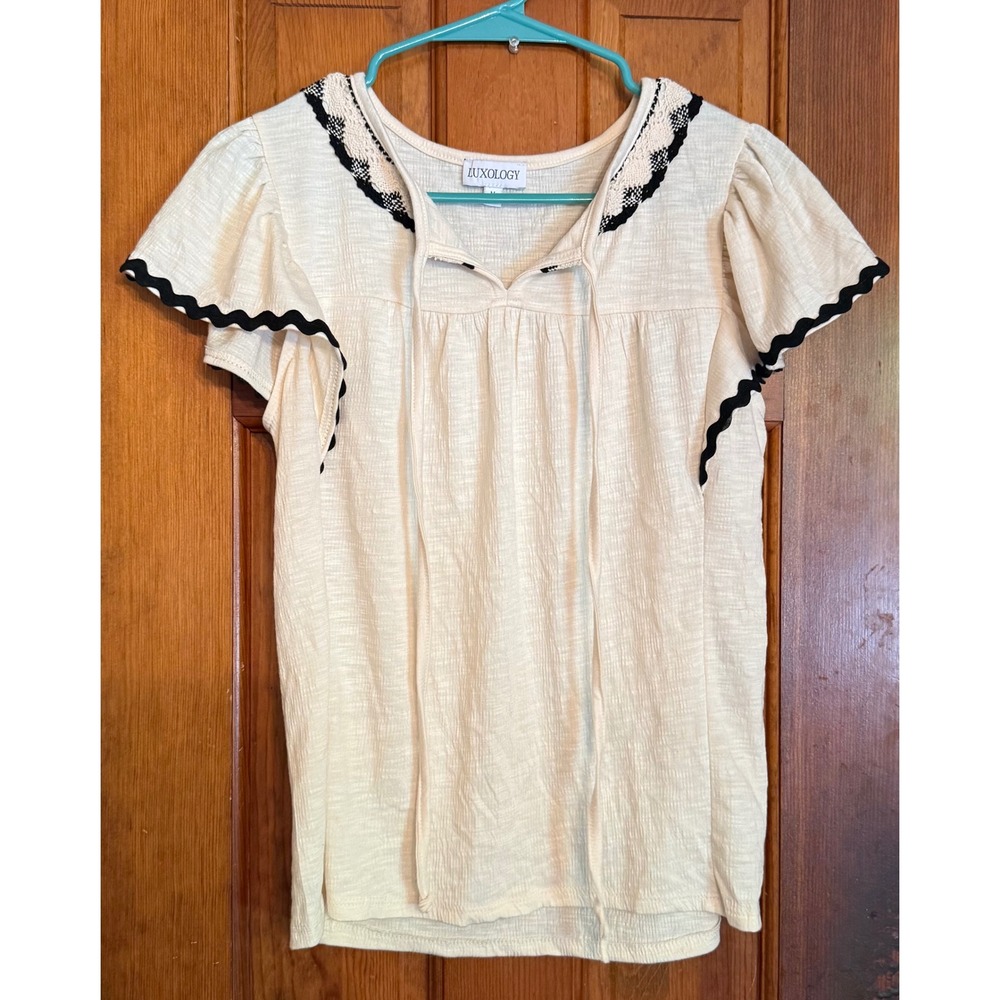 Luxology Cream Slub Knit Top Ric Rac Trim Flutter Sleeve Boho Blouse Medium